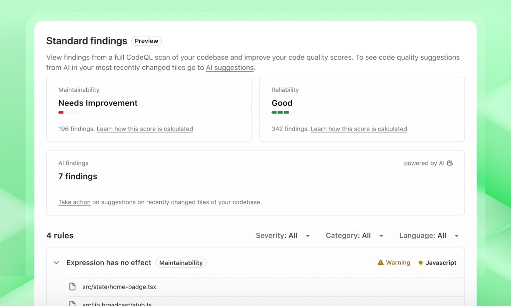 Screenshot of GitHub Code Quality, showing the results of Copilot's review.